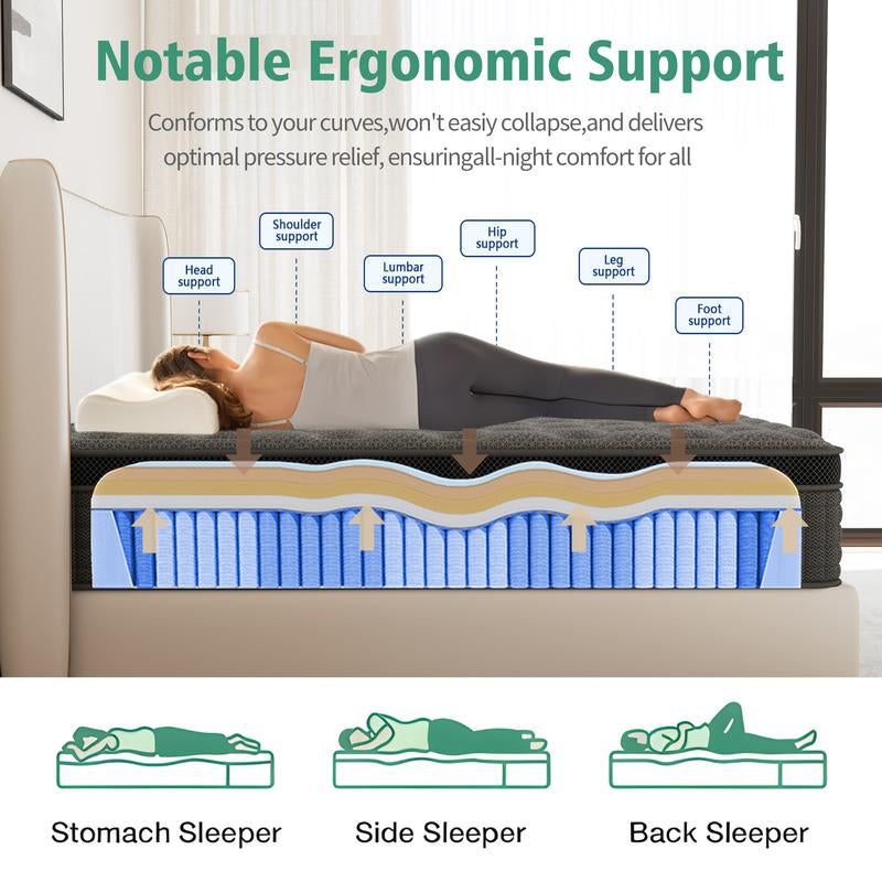 12/14 Inch Twin Full Queen King Mattress Individual Pocketed Coil & Memory Foam Hybrid Medium Firm Lumbar Support Orthopedic Design for Home Bedroom Hotel Boxed Mattress Holiday Gift Modern Furniture Ergonomic Sleep Solution