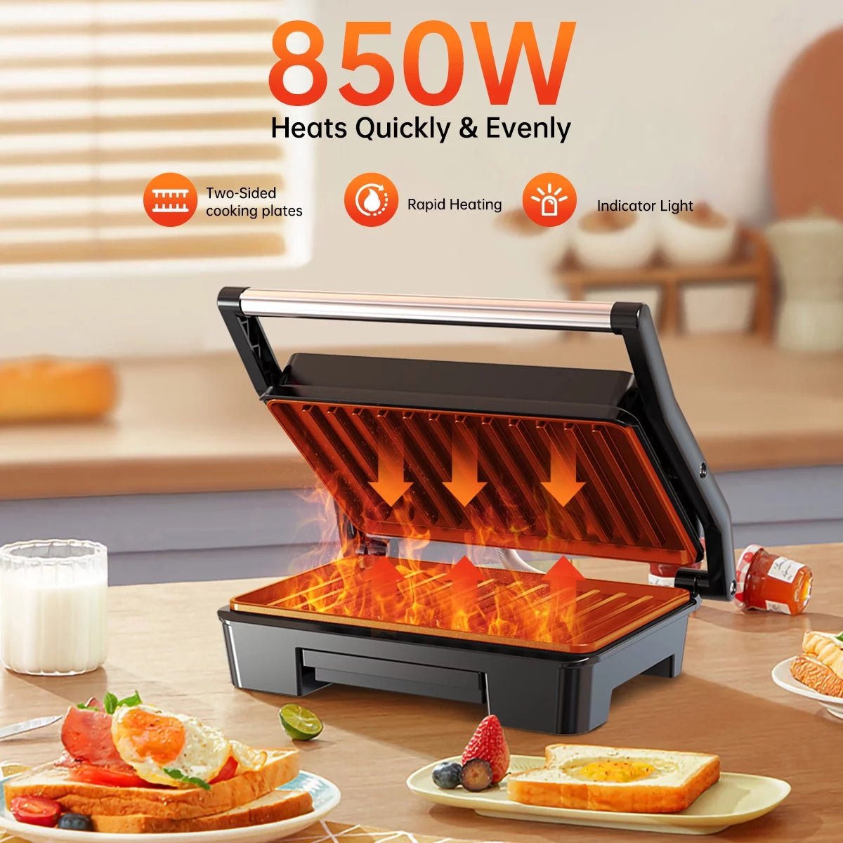 Panini Press Grill, Stainless Steel Sandwich Maker with Double Non-Stick Coated Plates & Removable Drip Tray, 10.6" W X 8.7" H X 3.5" D)