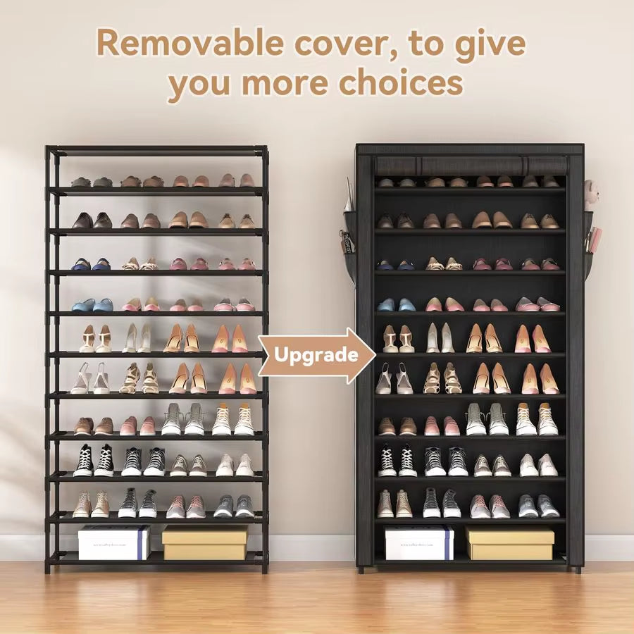 10 Tier Shoe Rack with Covers,Large Capacity Stackable Tall Shoe Shelf Storage to 5055 Pairs Shoes and Boots Sturdy Metal Free S