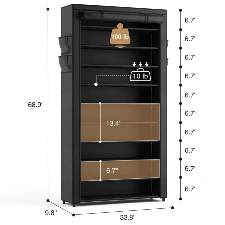 10 Tier Shoe Rack with Covers,Large Capacity Stackable Tall Shoe Shelf Storage to 5055 Pairs Shoes and Boots Sturdy Metal Free S