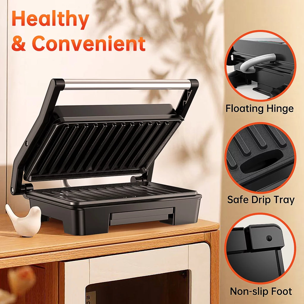 Panini Press Grill, Stainless Steel Sandwich Maker with Double Non-Stick Coated Plates & Removable Drip Tray, 10.6" W X 8.7" H X 3.5" D)