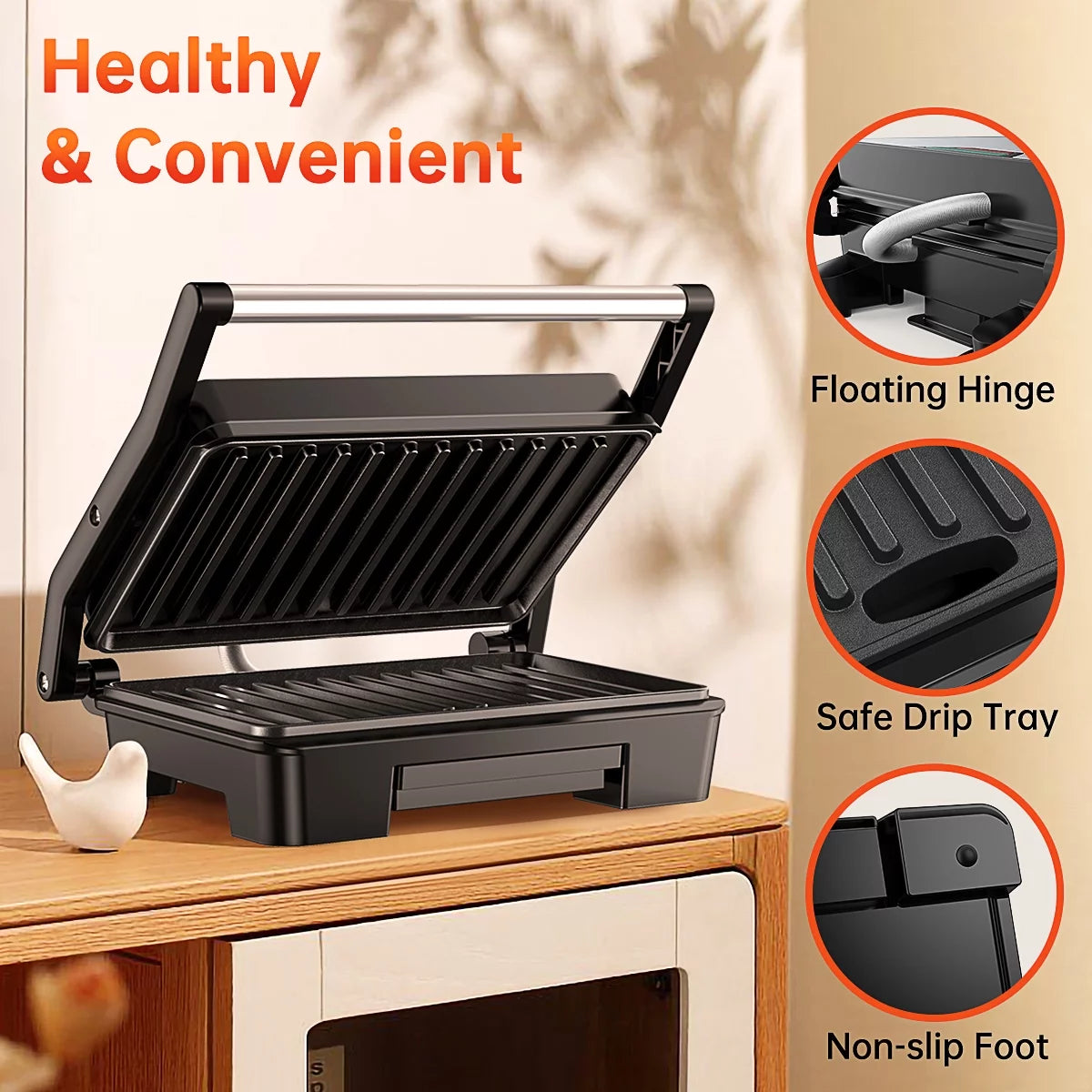 Panini Press Grill, Stainless Steel Sandwich Maker with Double Non-Stick Coated Plates & Removable Drip Tray, 10.6" W X 8.7" H X 3.5" D)