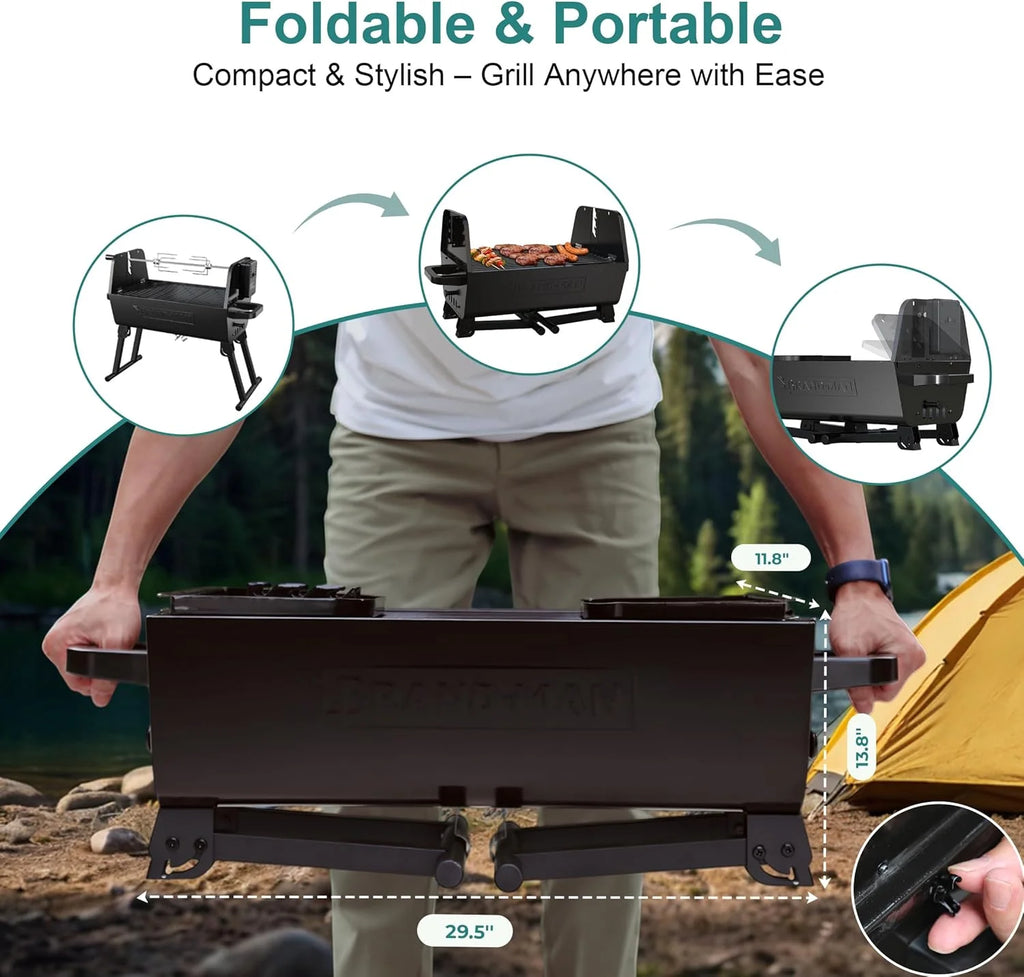 Brandman Grills Portable 2-In-1 Charcoal Rotisserie Grill with Spit Roaster & Motor, BBQ Outdoor Cooking