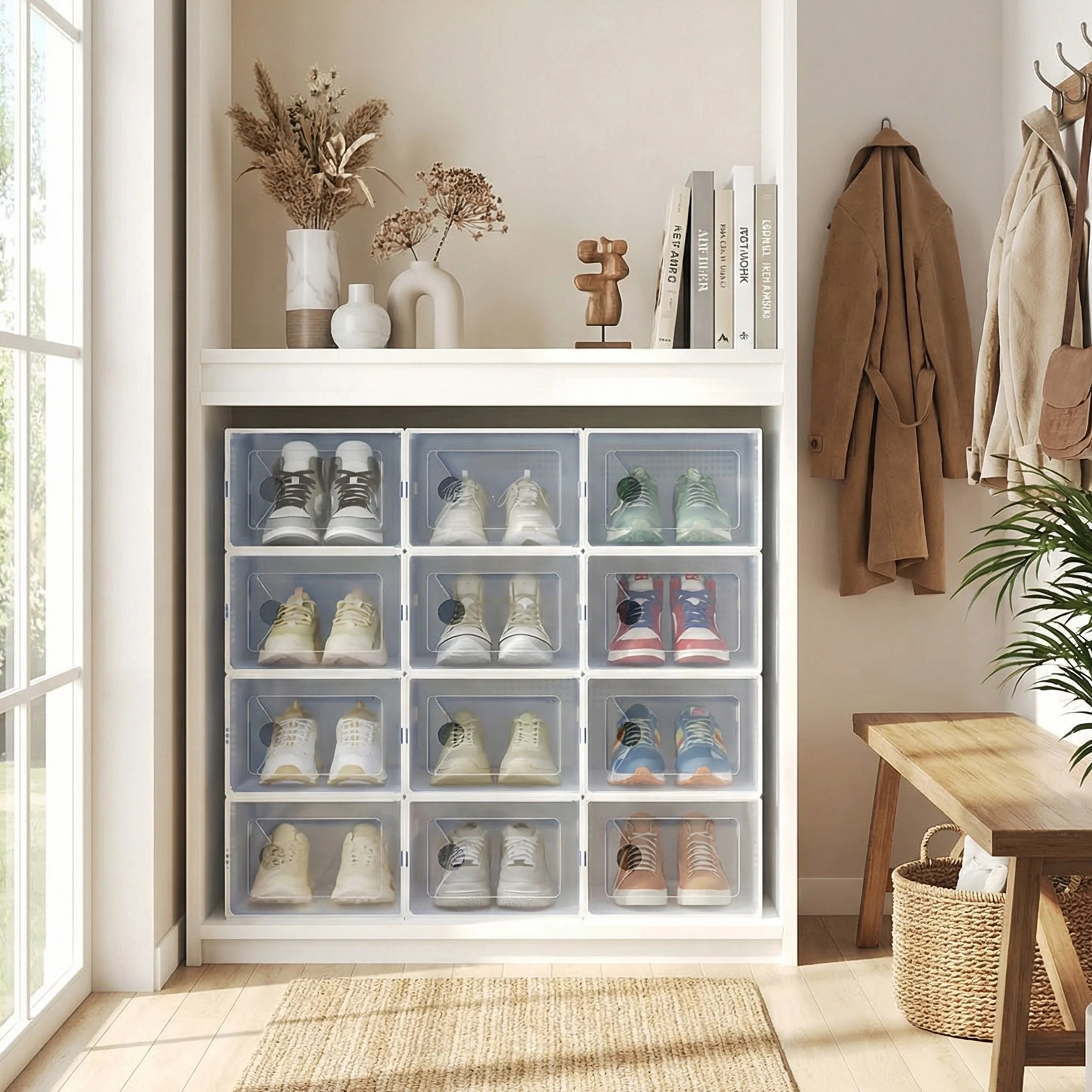 12-Pack Stackable Clear Shoe Box Organizer, Plastic Storage Bins for Closet Hallway & Bedroom, Ventilated & Stackable Shoe Storage Container Set Holds Shoes up to US Size 9, White