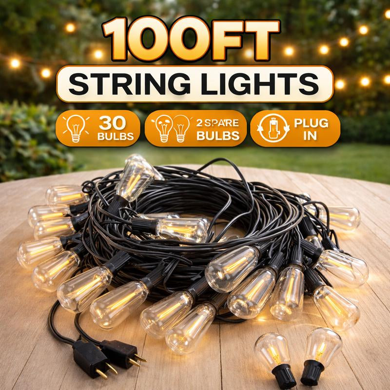 100FT LED Outdoor String Lights Patio Lights with Shatterproof ST38 Vintage Edison Bulbs, outside Hanging Light Waterproof for Porch, Deck, Garden, Backyard, Balcony, 2700K Dimmable