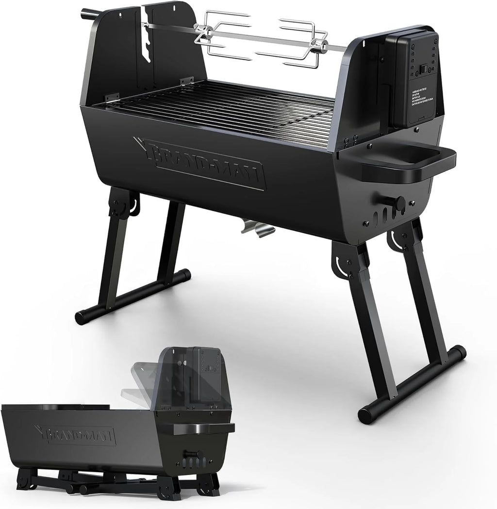Brandman Grills Portable 2-In-1 Charcoal Rotisserie Grill with Spit Roaster & Motor, BBQ Outdoor Cooking