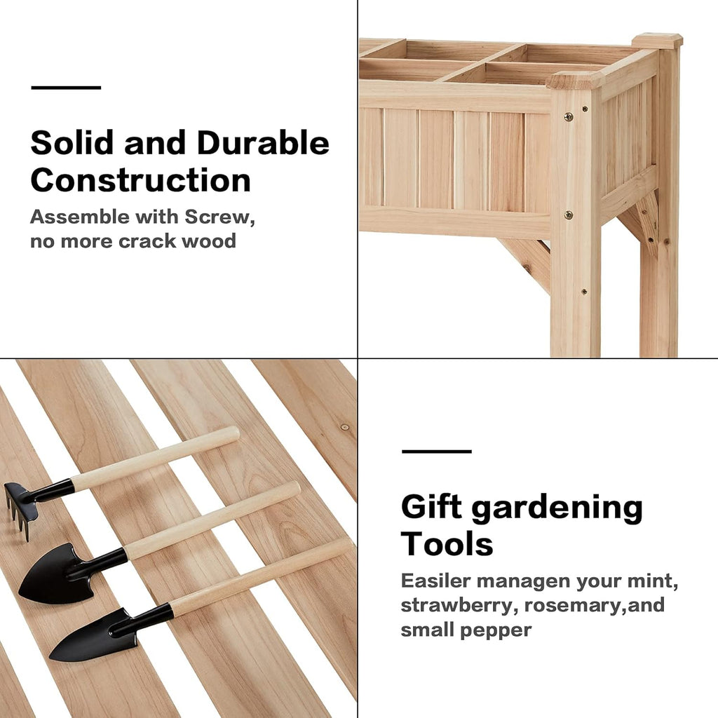 Raised Garden Bed with Legs 36.3X36.3X24 Inch -  Herb Planter with Divider Liner Flower Herb Wood Planter with Storage Shelves for Backyard Patio Extra Gloves 3 Tools 8 Grow Area 20 T-Tag