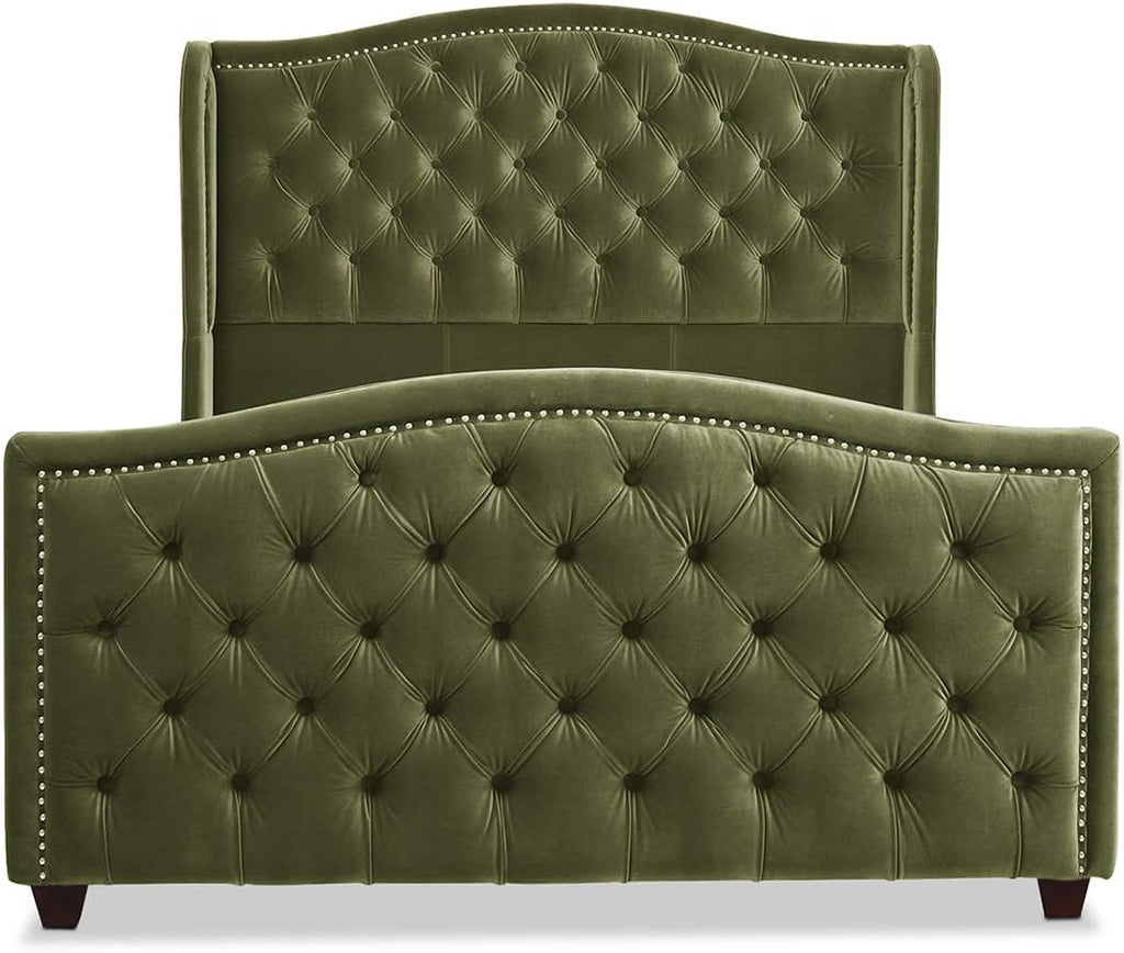 Jennifer Taylor Home Marcella Upholstered Shelter Headboard Bed Set, Queen, Olive Green Performance Velvet