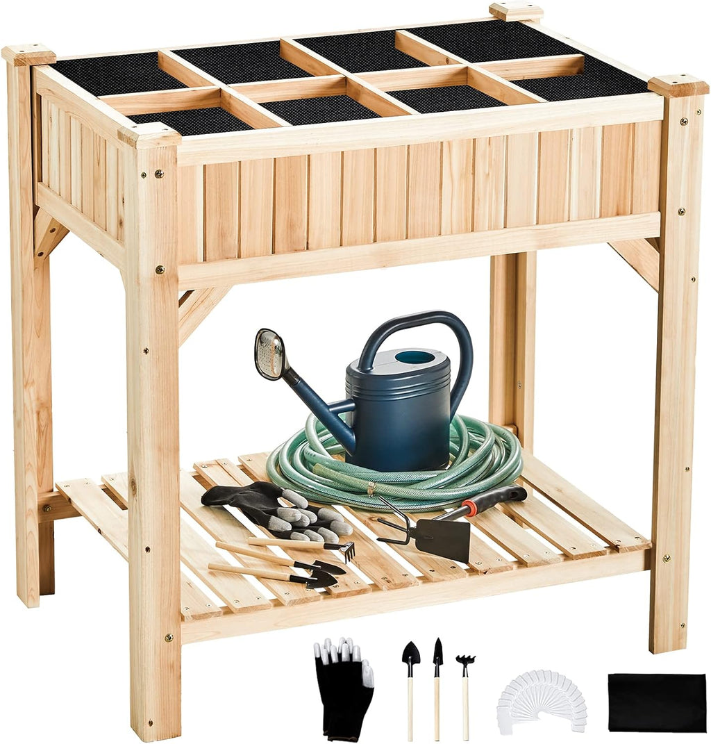 Raised Garden Bed with Legs 36.3X36.3X24 Inch -  Herb Planter with Divider Liner Flower Herb Wood Planter with Storage Shelves for Backyard Patio Extra Gloves 3 Tools 8 Grow Area 20 T-Tag