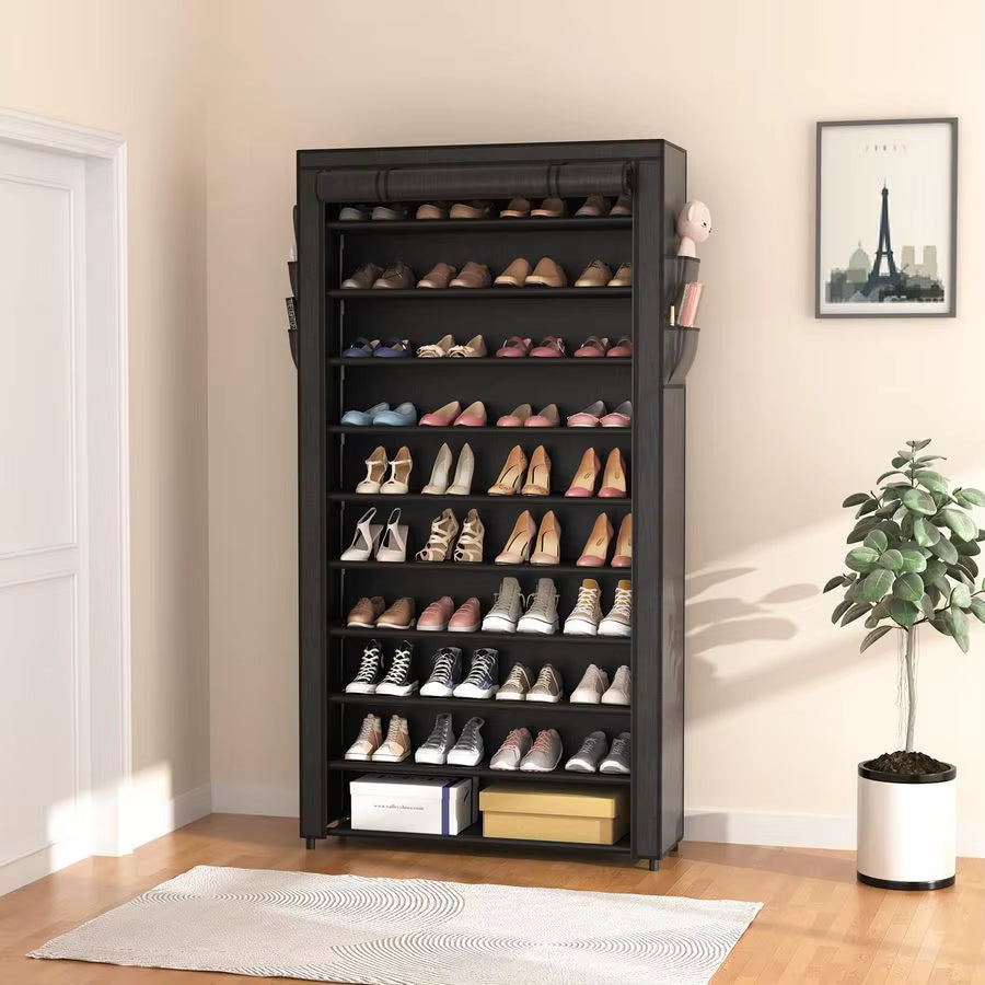 10 Tier Shoe Rack with Covers,Large Capacity Stackable Tall Shoe Shelf Storage to 5055 Pairs Shoes and Boots Sturdy Metal Free S