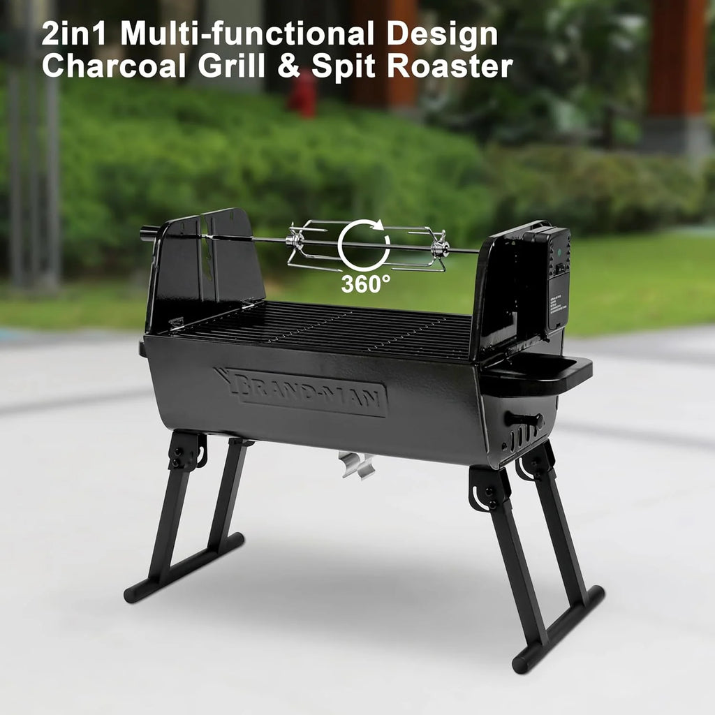 Brandman Grills Portable 2-In-1 Charcoal Rotisserie Grill with Spit Roaster & Motor, BBQ Outdoor Cooking