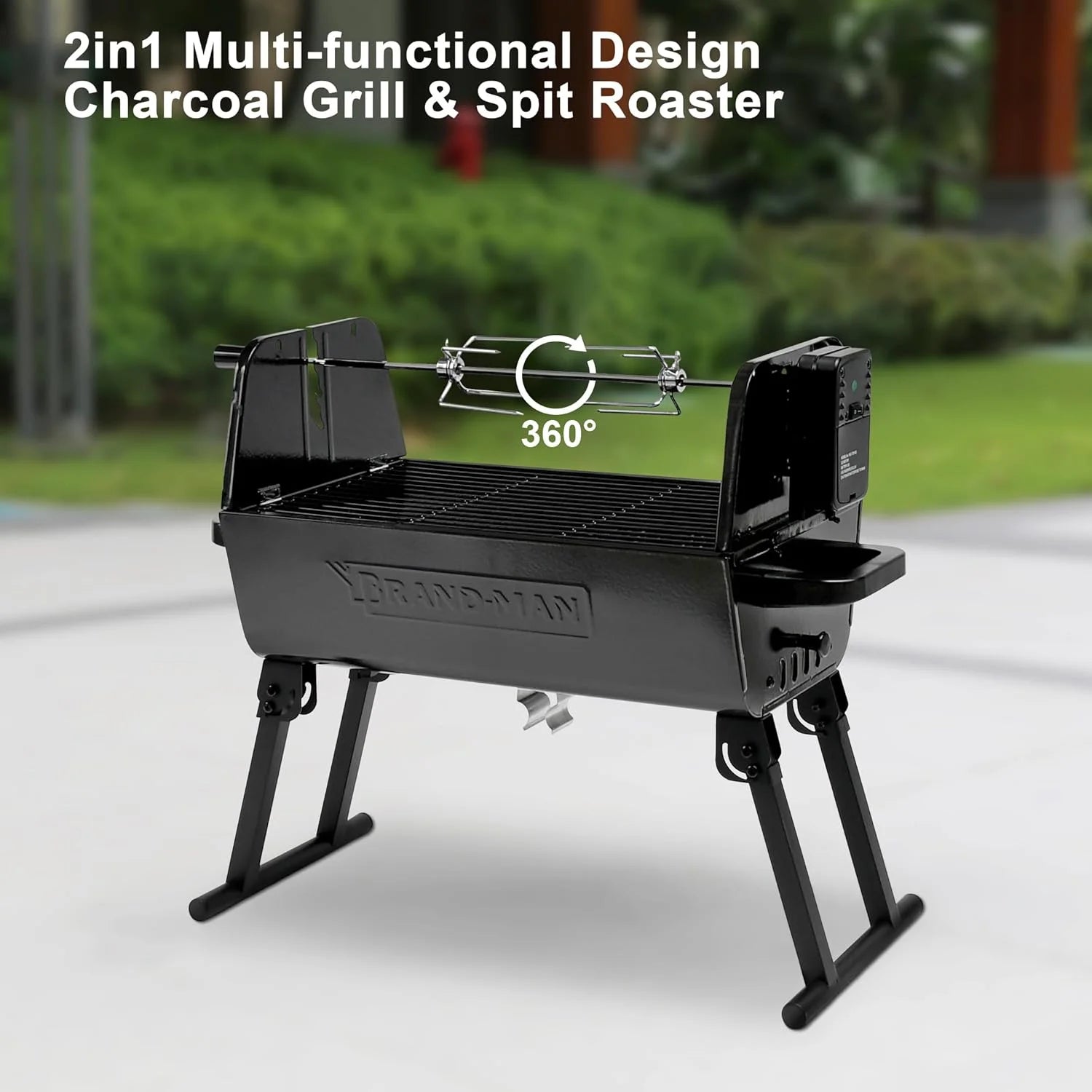 Brandman Grills Portable 2-In-1 Charcoal Rotisserie Grill with Spit Roaster & Motor, BBQ Outdoor Cooking