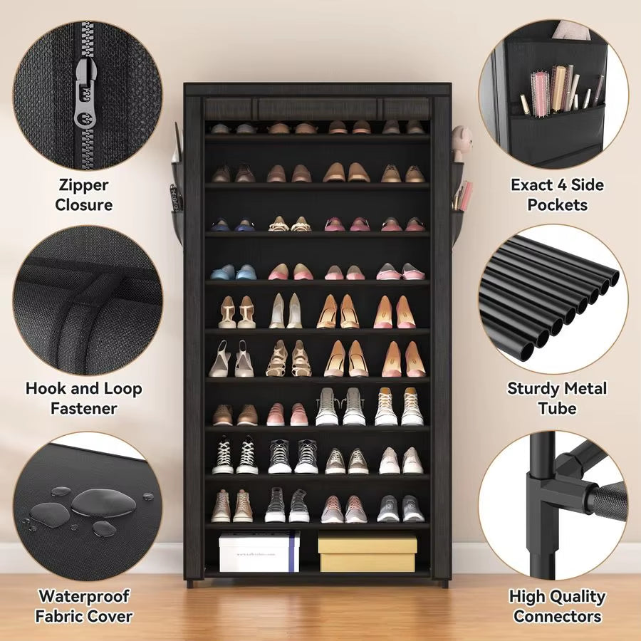 10 Tier Shoe Rack with Covers,Large Capacity Stackable Tall Shoe Shelf Storage to 5055 Pairs Shoes and Boots Sturdy Metal Free S