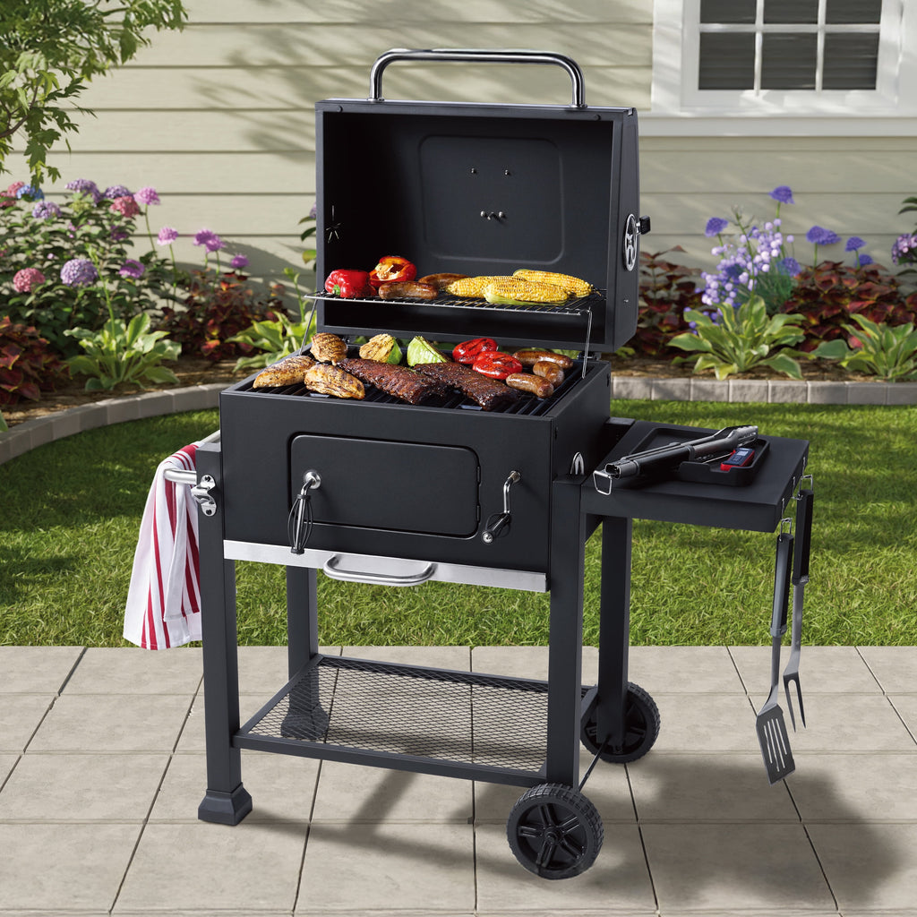 Charcoal Grill, 24 Inch Heavy Duty Charcoal Grill with Wheels, Black