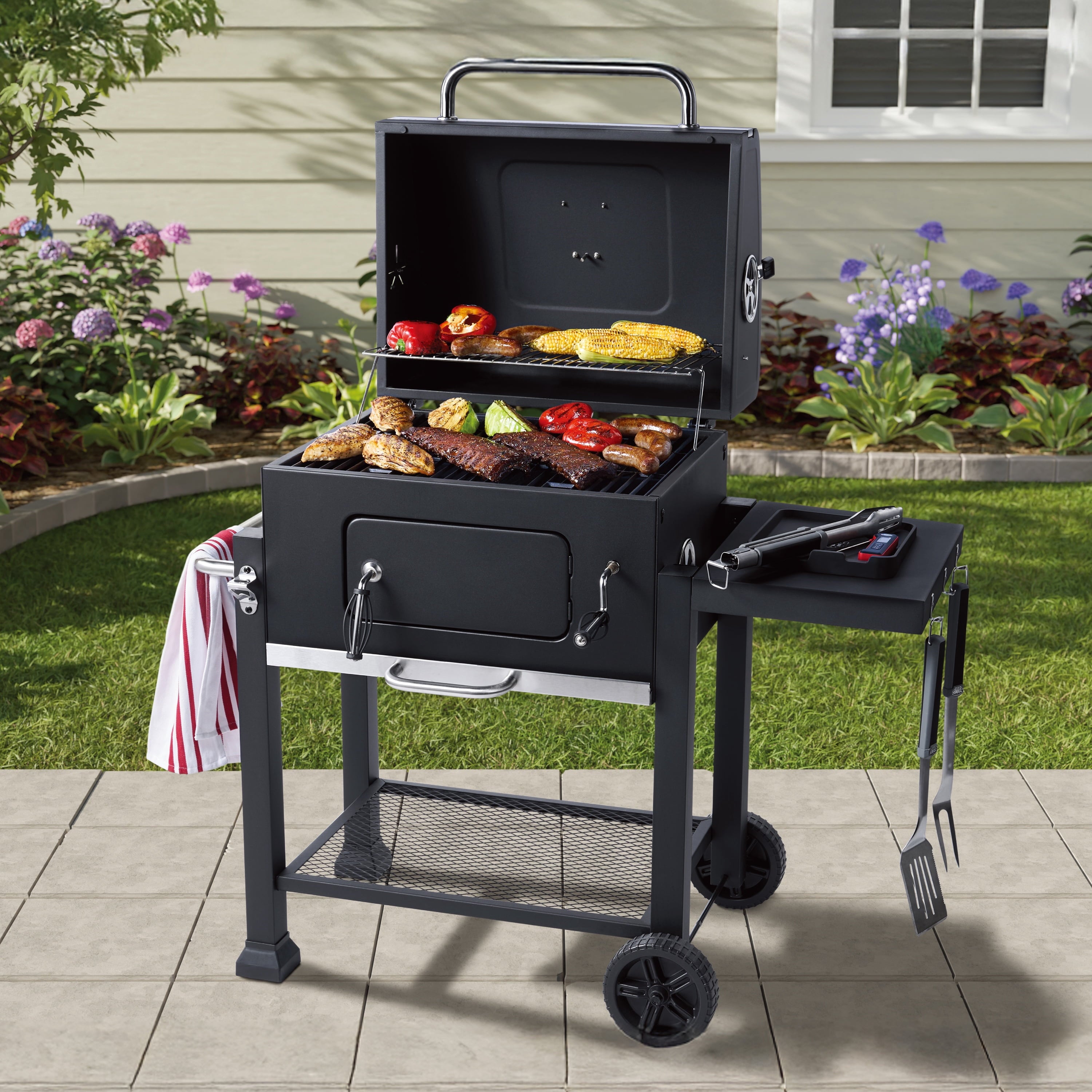 Charcoal Grill, 24 Inch Heavy Duty Charcoal Grill with Wheels, Black