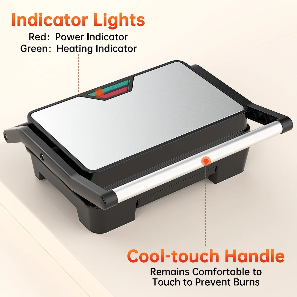 Panini Press Grill, Stainless Steel Sandwich Maker with Double Non-Stick Coated Plates & Removable Drip Tray, 10.6" W X 8.7" H X 3.5" D)