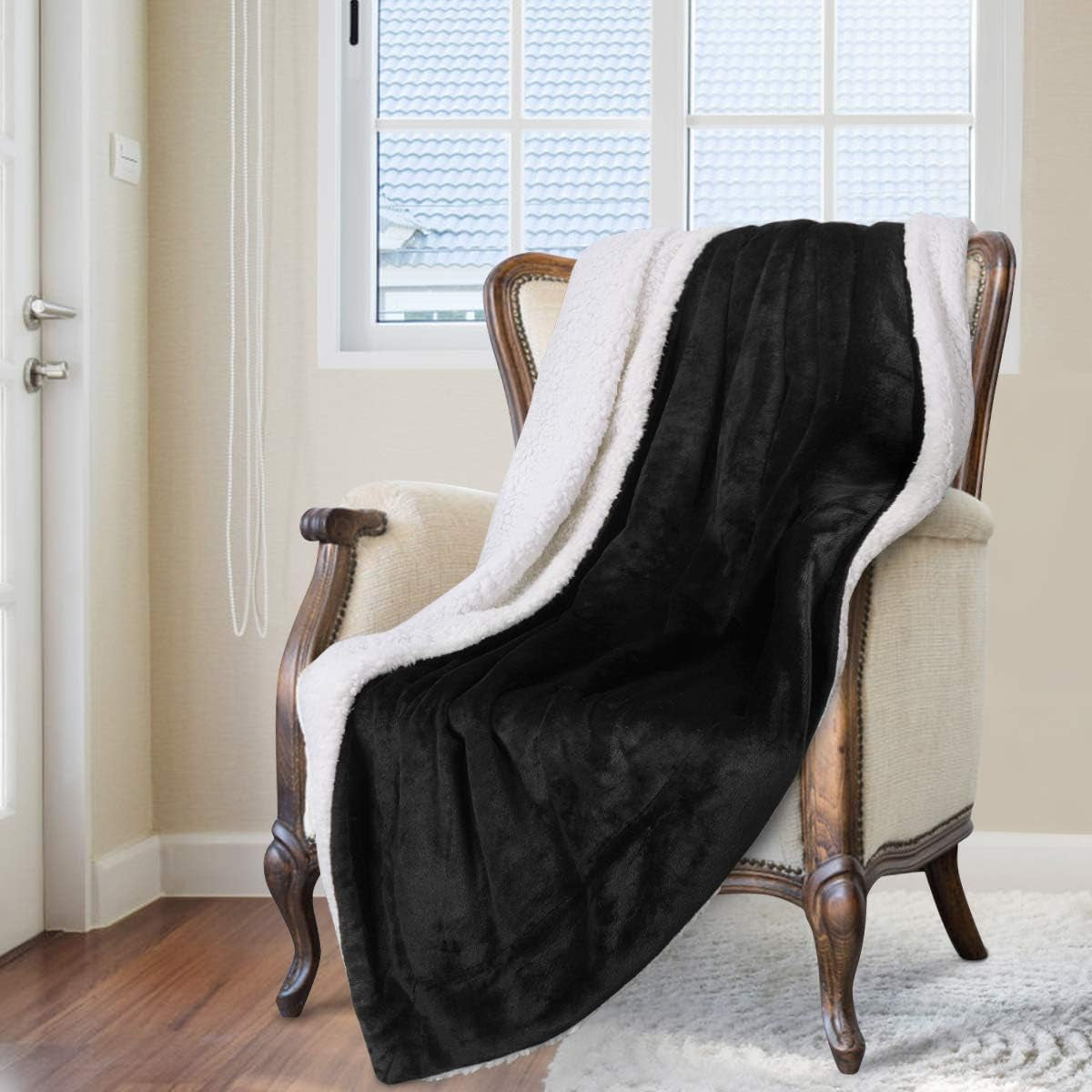 Fleece Sherpa Blanket for Couch(Black, Throw), Thick Warm Velvety Blanket for Winter Christmas, 50 X 60 Inches