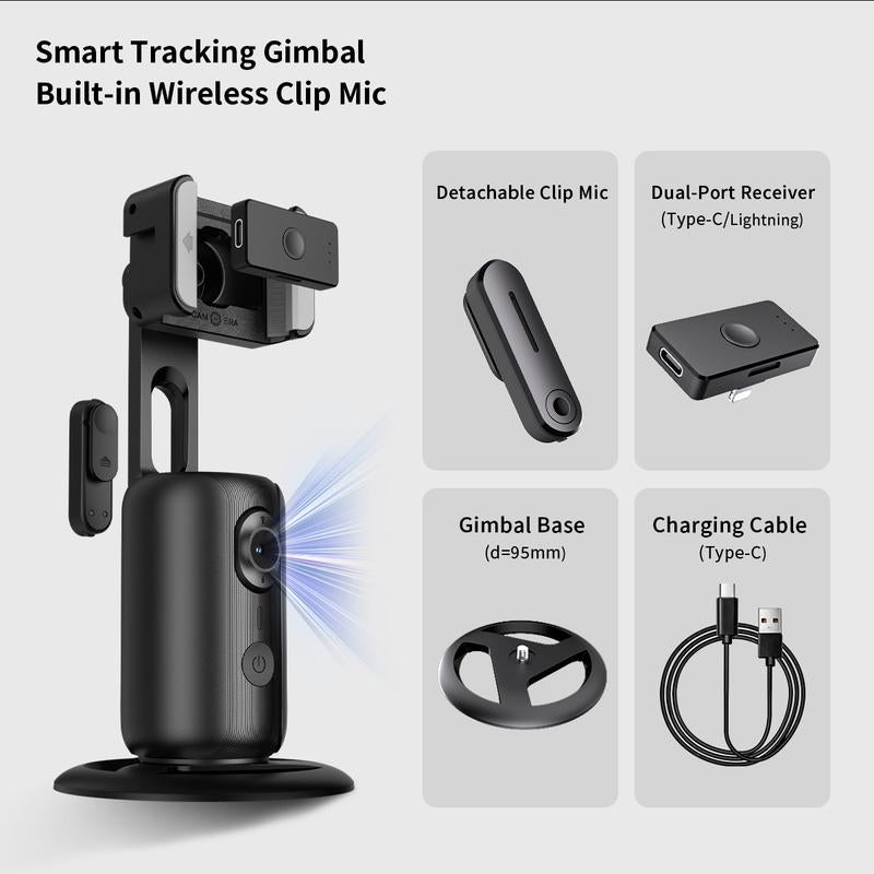 Auto Face Tracking Tripod 360° Rotating Cell Phone Photo & Video Kit Stand with Remote & Wireless Microphones Rechargeable Smart Shooting for Live Recording Tiktok Selfie