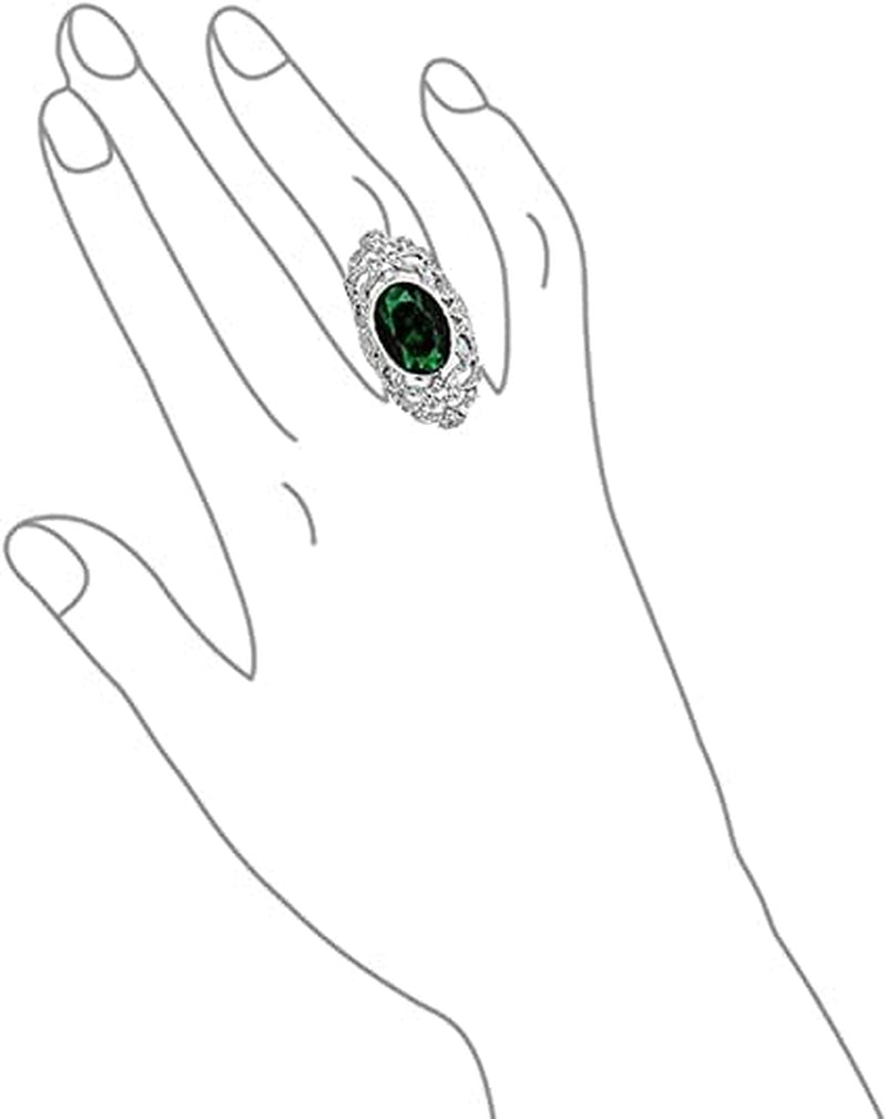 Vintage Style Filigree Emerald Green Oval CZ Full Finger Ring Simulated Emerald Silver Plated Brass - Statement Jewelry