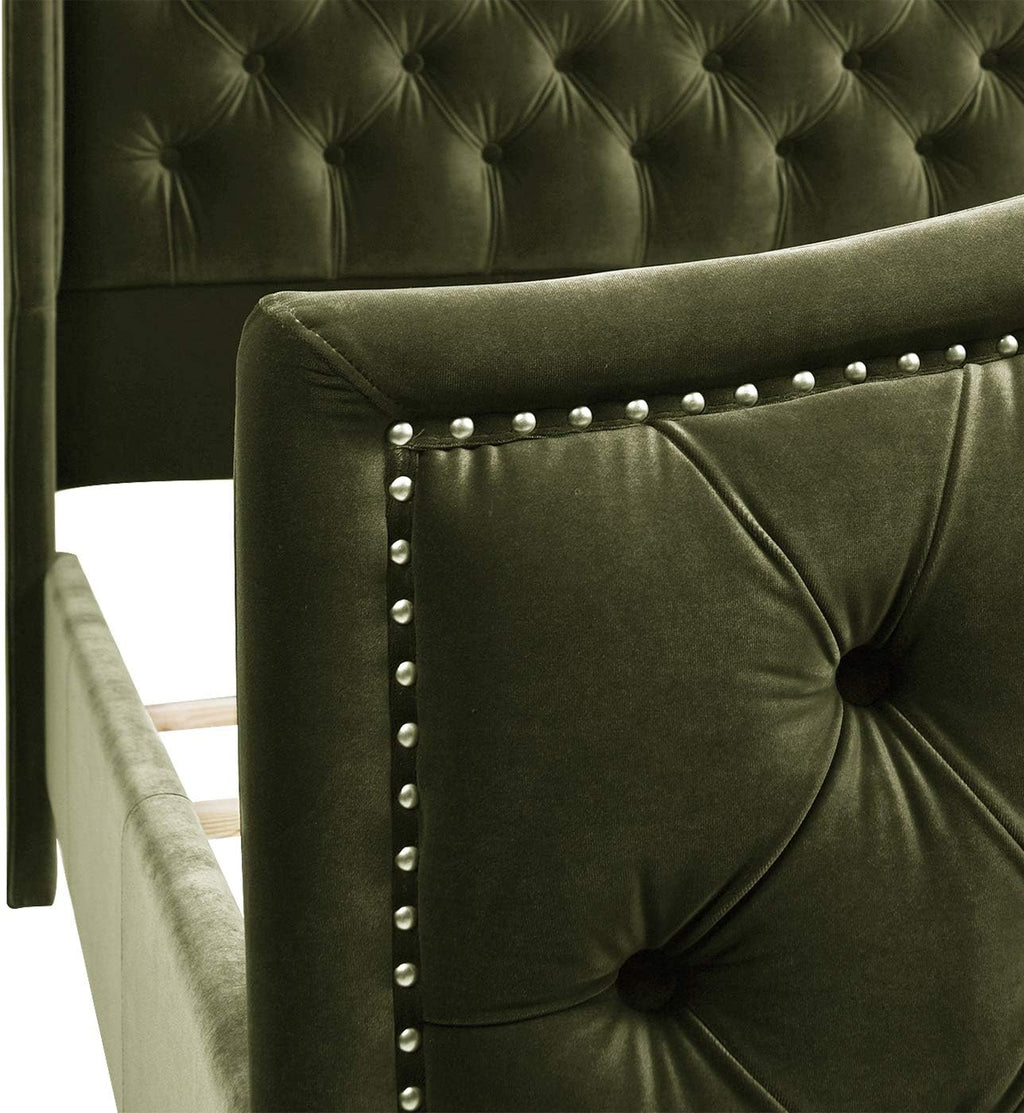 Jennifer Taylor Home Marcella Upholstered Shelter Headboard Bed Set, Queen, Olive Green Performance Velvet