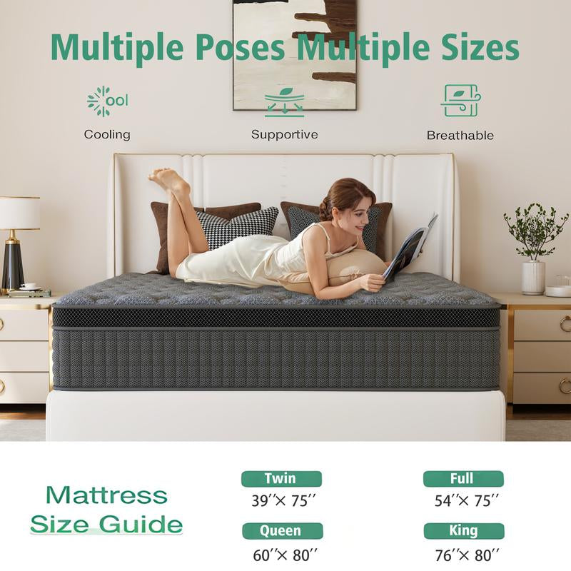 12/14 Inch Twin Full Queen King Mattress Individual Pocketed Coil & Memory Foam Hybrid Medium Firm Lumbar Support Orthopedic Design for Home Bedroom Hotel Boxed Mattress Holiday Gift Modern Furniture Ergonomic Sleep Solution