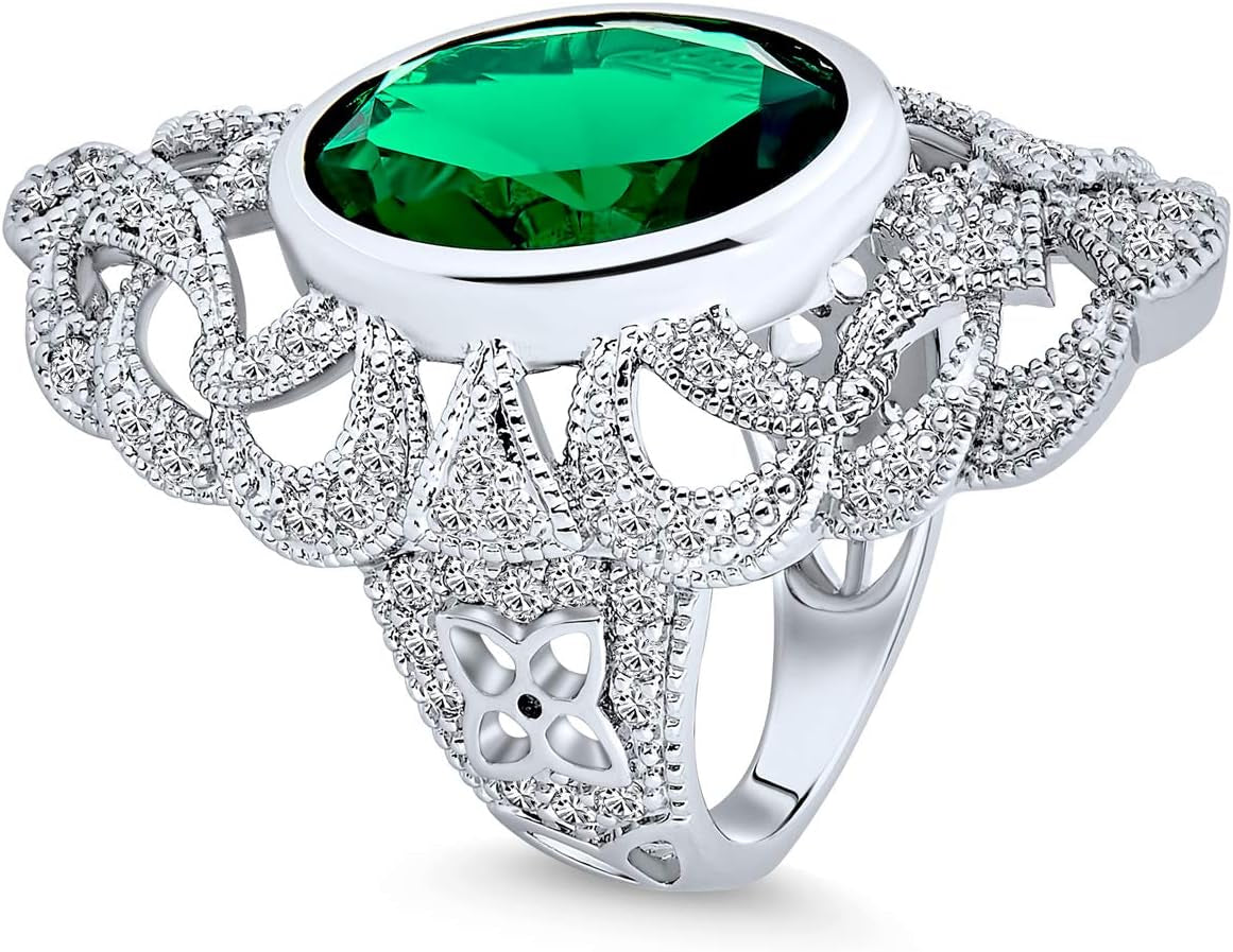 Vintage Style Filigree Emerald Green Oval CZ Full Finger Ring Simulated Emerald Silver Plated Brass - Statement Jewelry