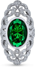 Vintage Style Filigree Emerald Green Oval CZ Full Finger Ring Simulated Emerald Silver Plated Brass - Statement Jewelry