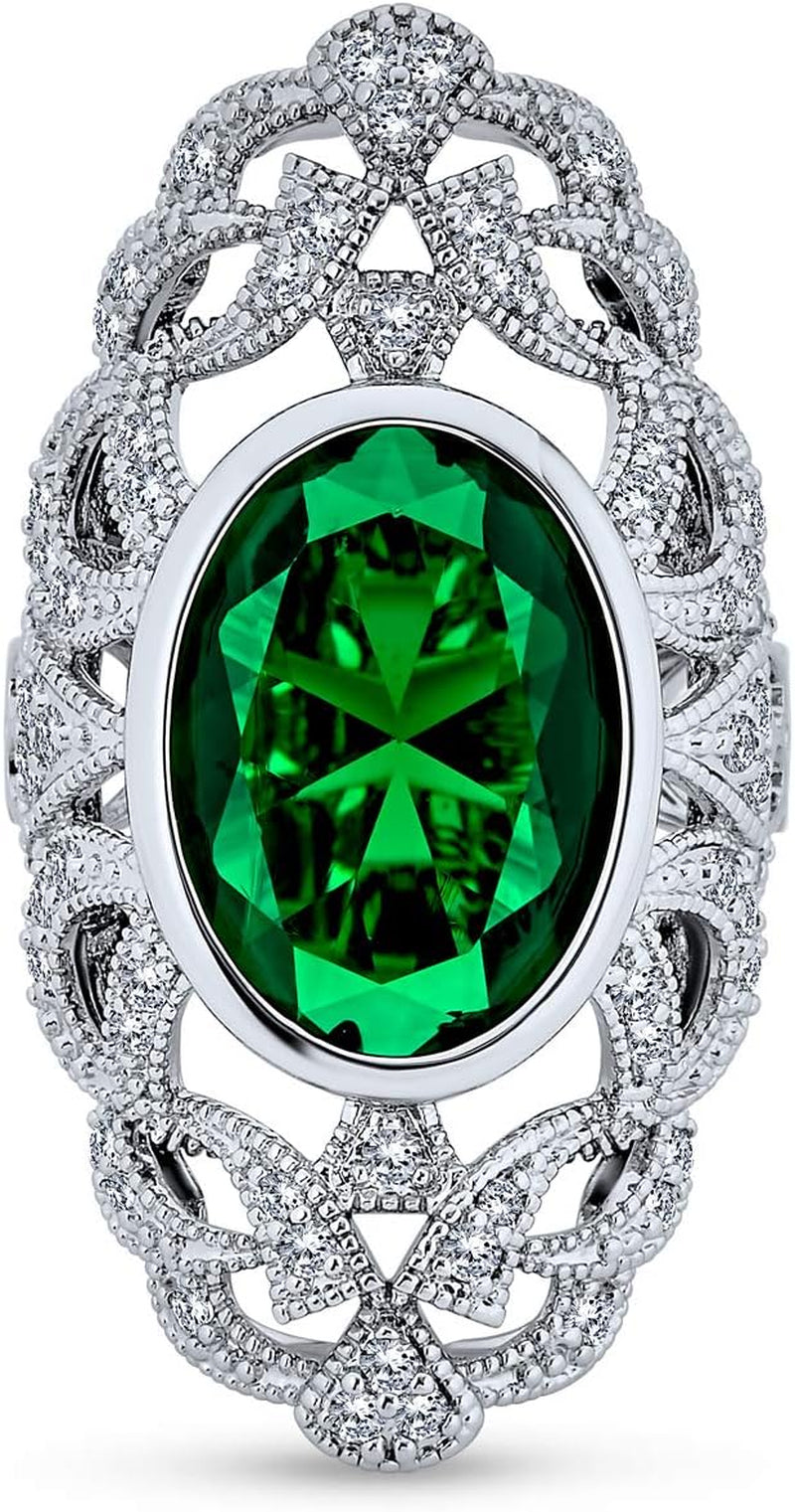 Vintage Style Filigree Emerald Green Oval CZ Full Finger Ring Simulated Emerald Silver Plated Brass - Statement Jewelry