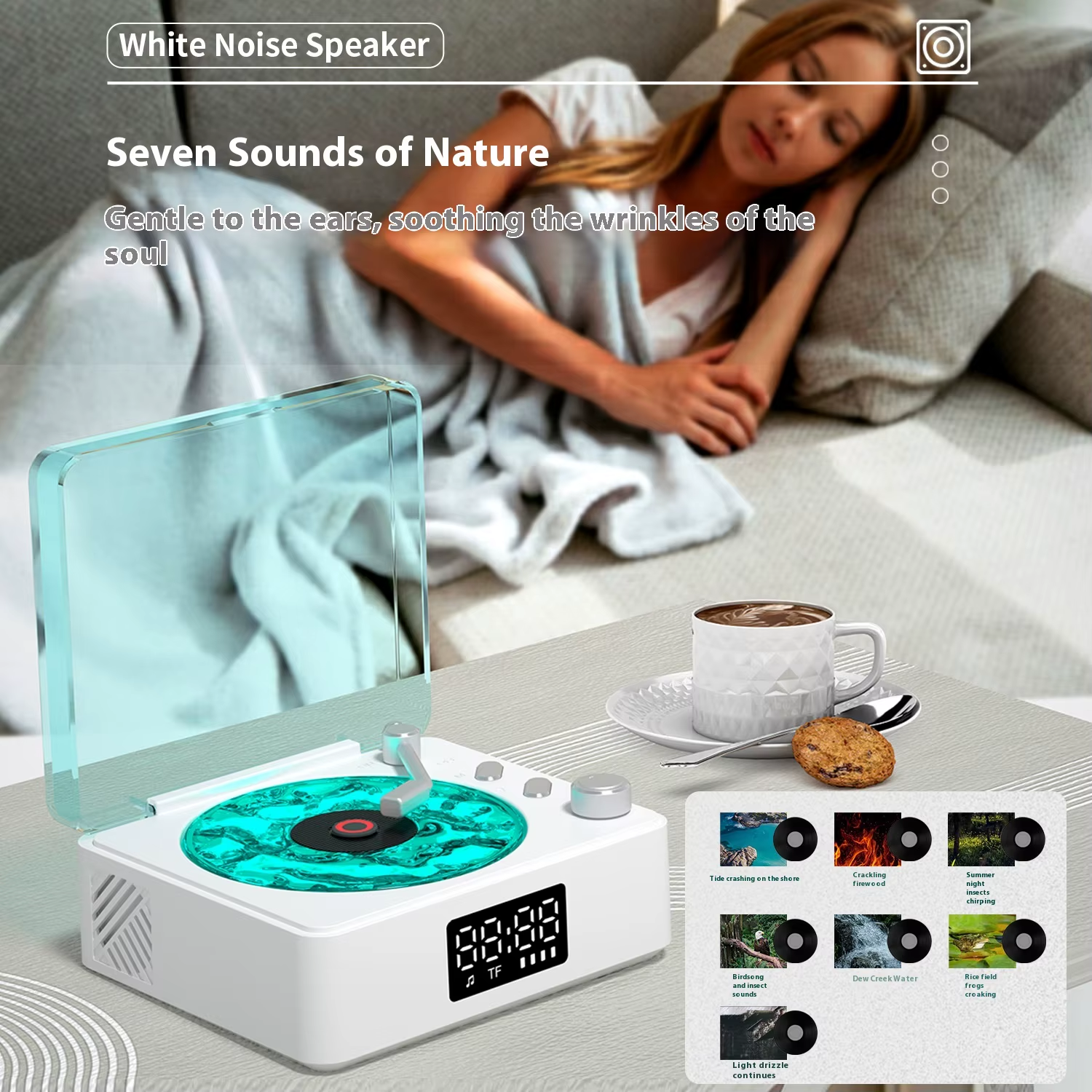 White Noise Vinyl Record Player with RGB LED for Bluetooth Speaker Wireless Battery Operated Ambient Clock New Model Plastic