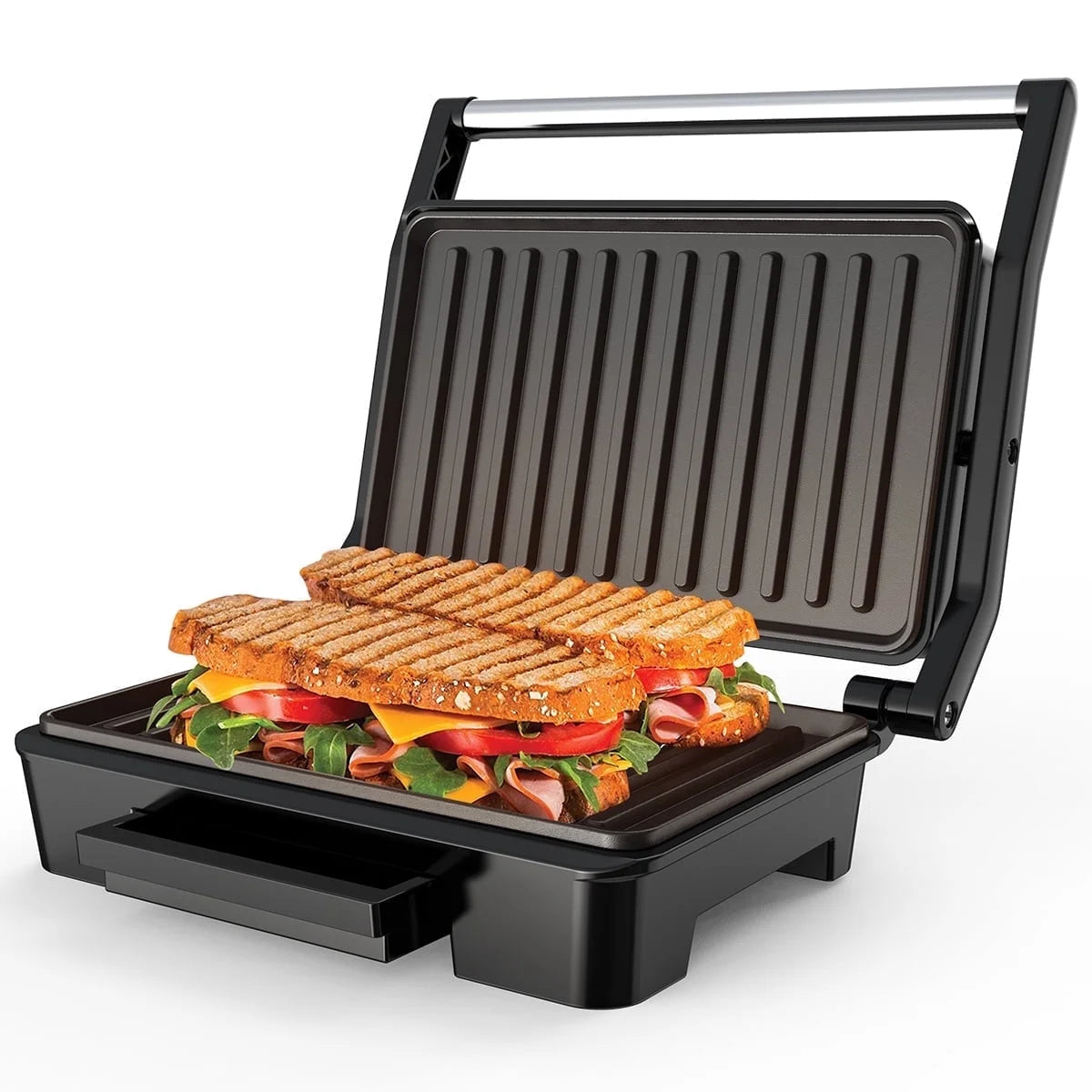 Panini Press Grill, Stainless Steel Sandwich Maker with Double Non-Stick Coated Plates & Removable Drip Tray, 10.6" W X 8.7" H X 3.5" D)