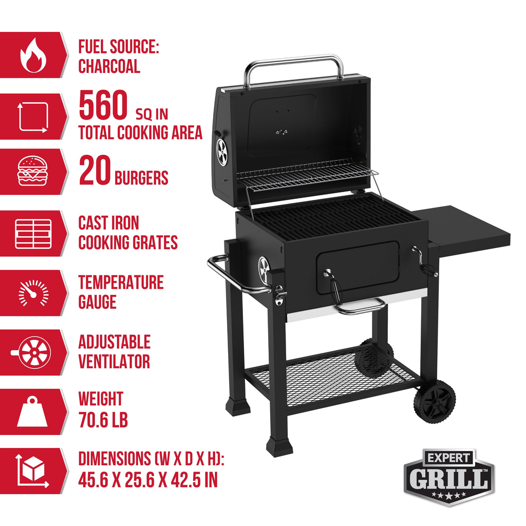 Charcoal Grill, 24 Inch Heavy Duty Charcoal Grill with Wheels, Black