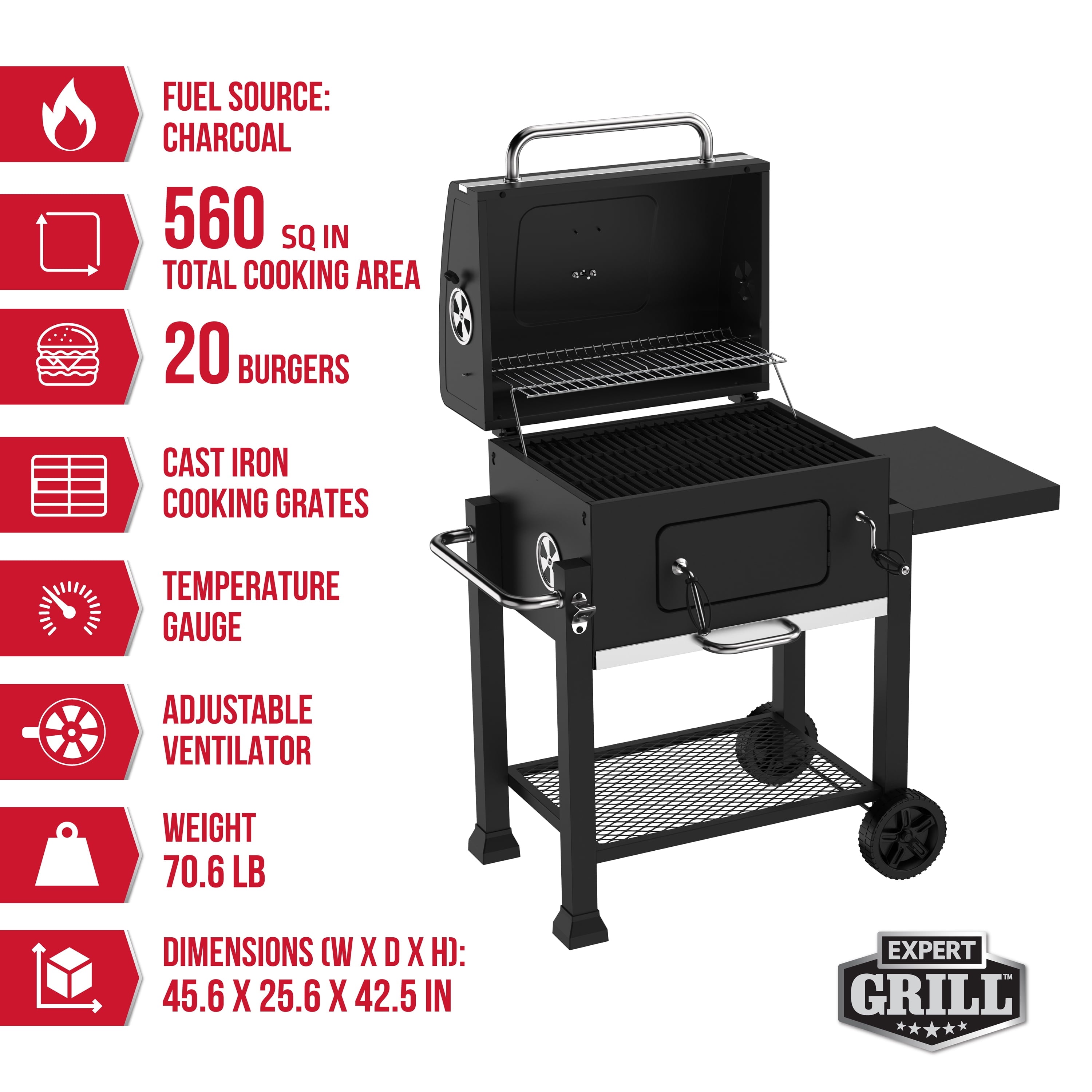 Charcoal Grill, 24 Inch Heavy Duty Charcoal Grill with Wheels, Black