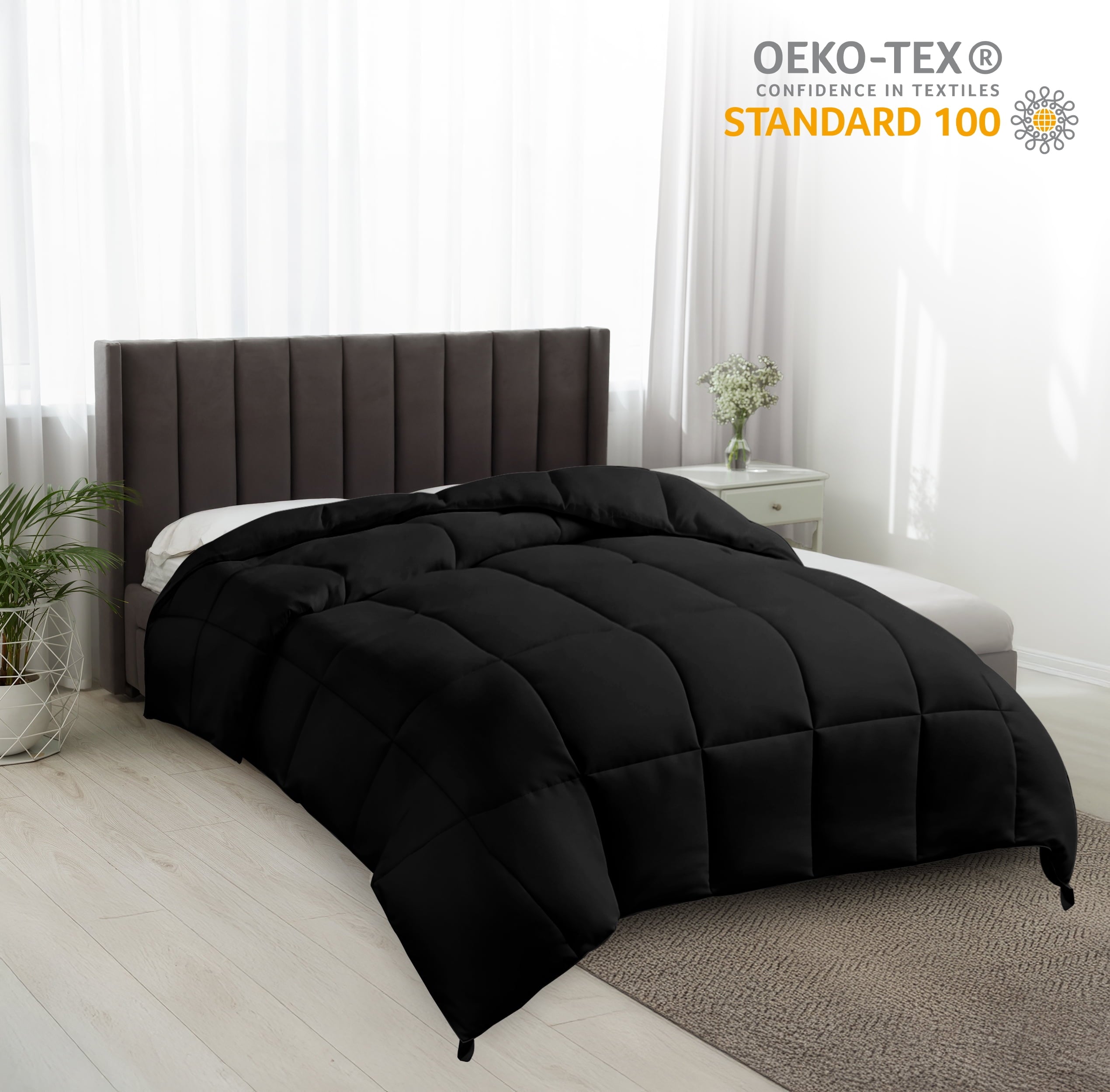 King Size Comforter - down Alternative Single Quilted Comforter with Corner Tabs - Black