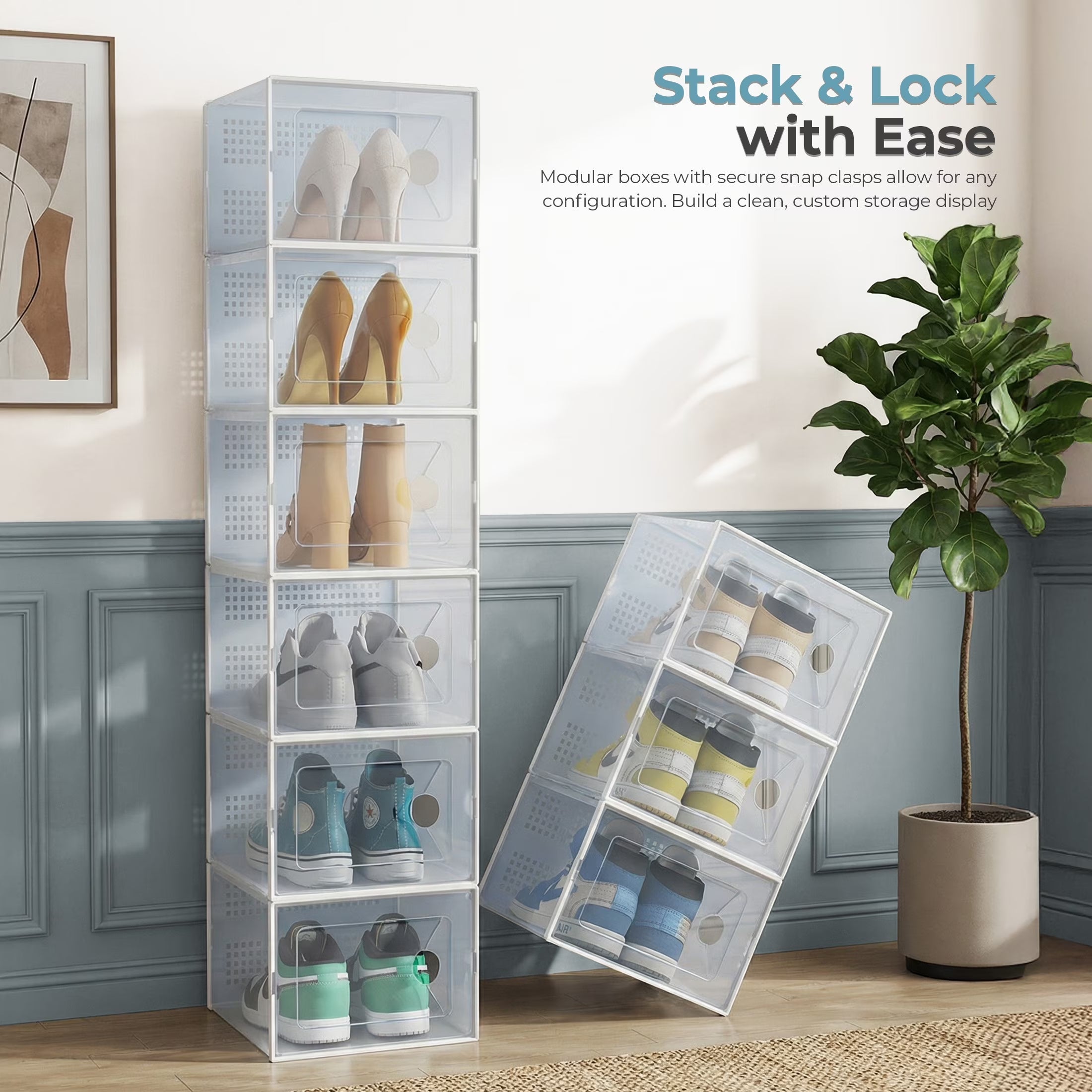 12-Pack Stackable Clear Shoe Box Organizer, Plastic Storage Bins for Closet Hallway & Bedroom, Ventilated & Stackable Shoe Storage Container Set Holds Shoes up to US Size 9, White