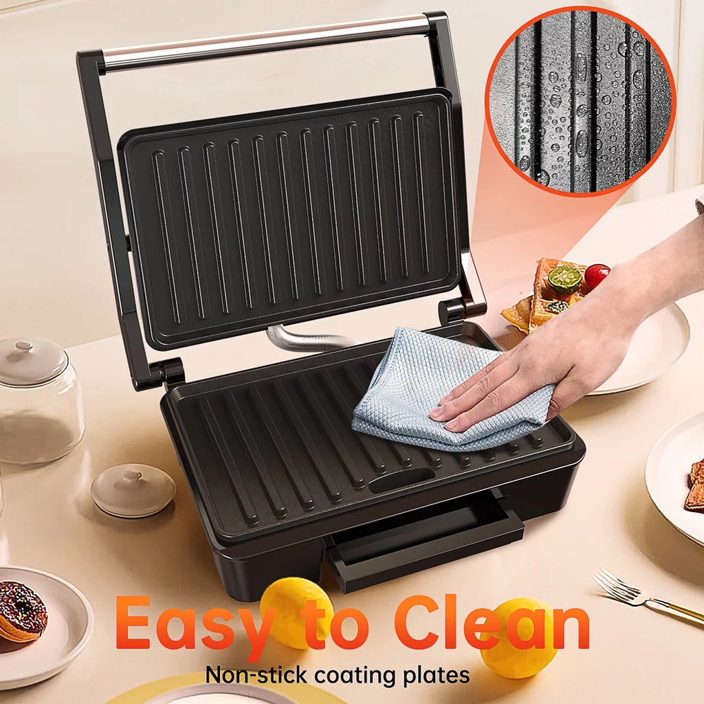 Panini Press Grill, Stainless Steel Sandwich Maker with Double Non-Stick Coated Plates & Removable Drip Tray, 10.6" W X 8.7" H X 3.5" D)