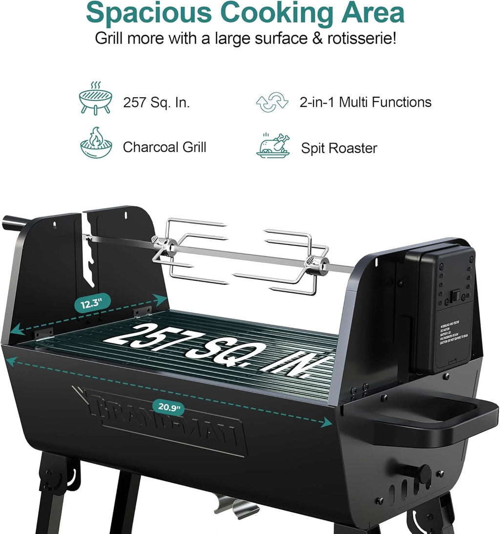 Brandman Grills Portable 2-In-1 Charcoal Rotisserie Grill with Spit Roaster & Motor, BBQ Outdoor Cooking