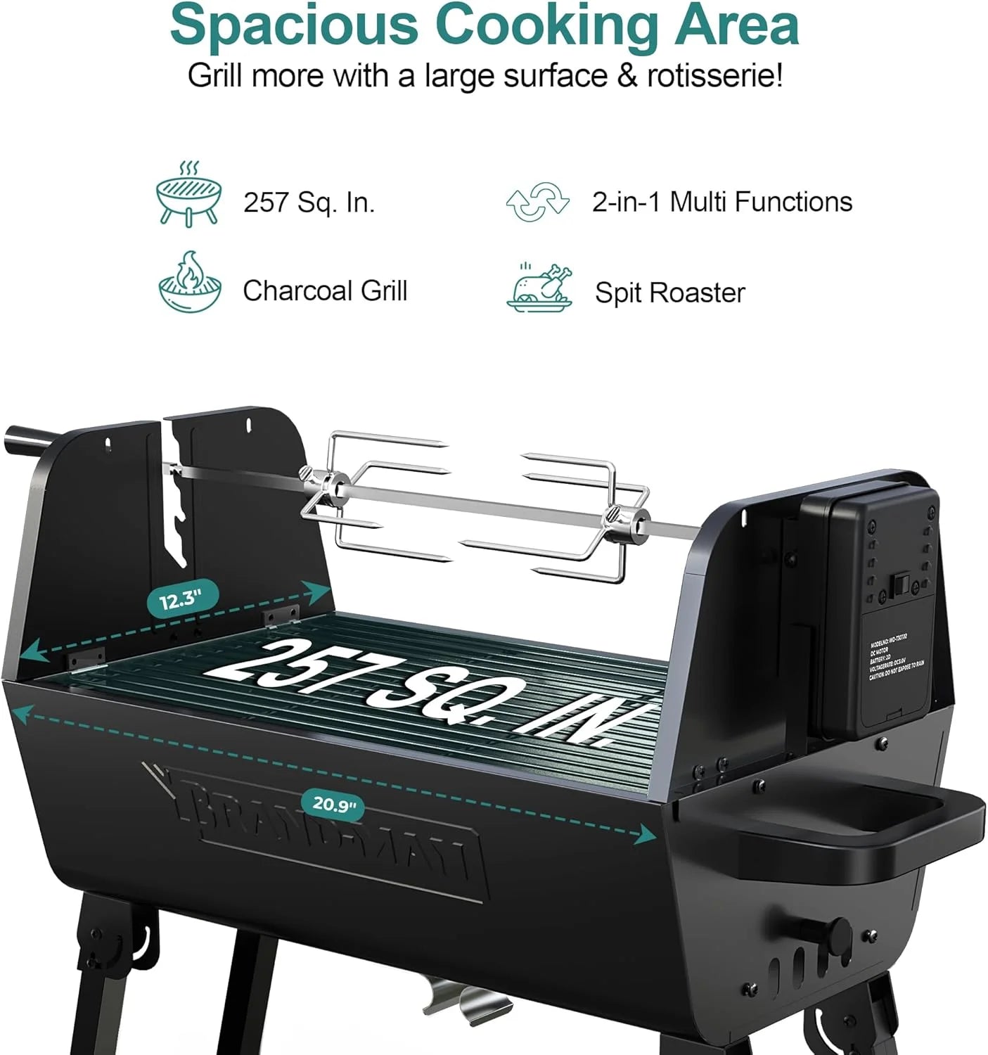 Brandman Grills Portable 2-In-1 Charcoal Rotisserie Grill with Spit Roaster & Motor, BBQ Outdoor Cooking