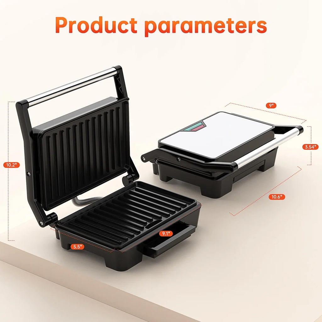 Panini Press Grill, Stainless Steel Sandwich Maker with Double Non-Stick Coated Plates & Removable Drip Tray, 10.6" W X 8.7" H X 3.5" D)