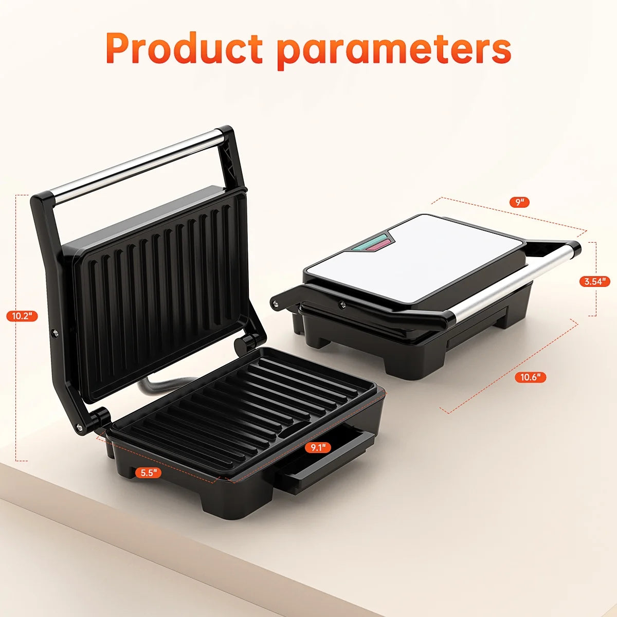 Panini Press Grill, Stainless Steel Sandwich Maker with Double Non-Stick Coated Plates & Removable Drip Tray, 10.6" W X 8.7" H X 3.5" D)