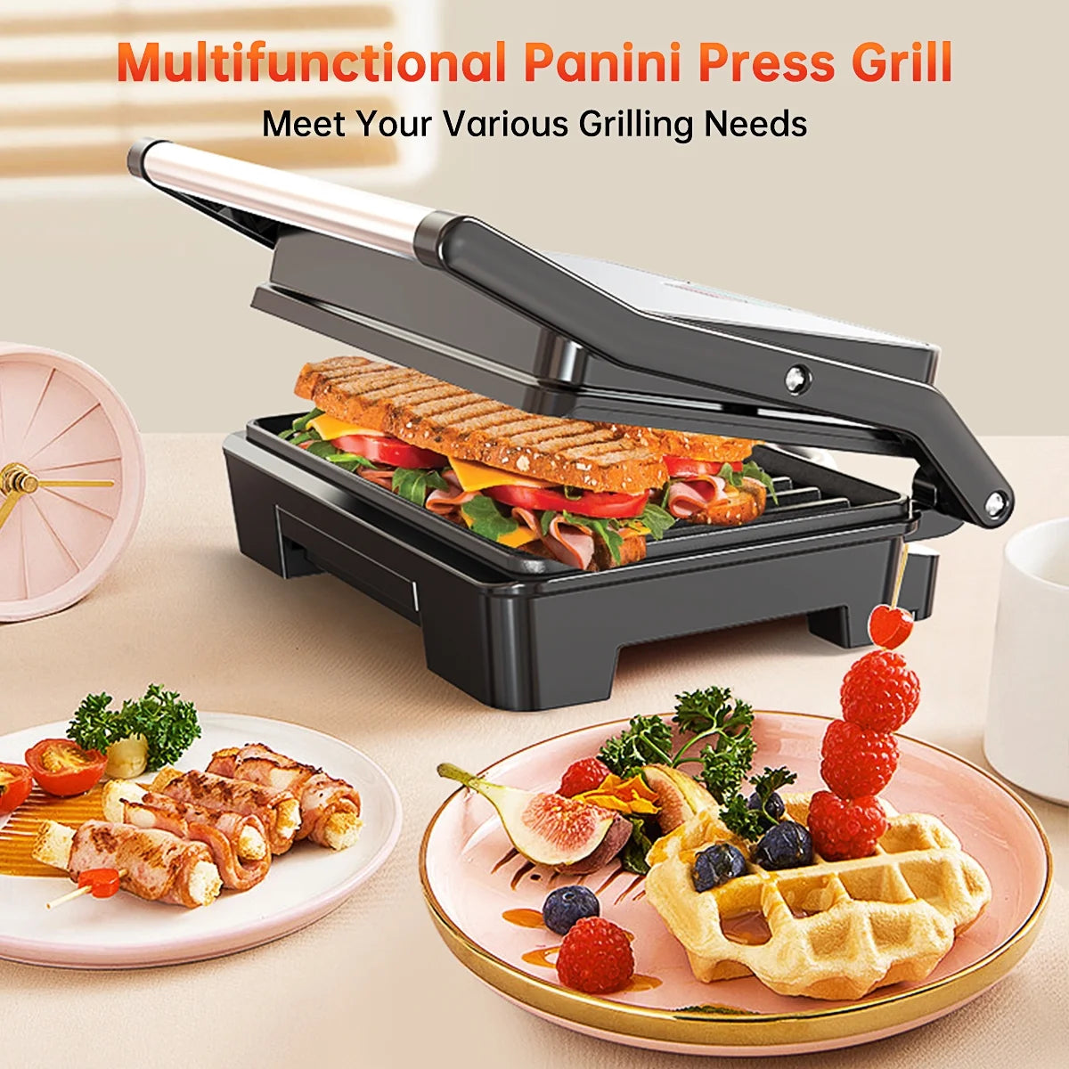 Panini Press Grill, Stainless Steel Sandwich Maker with Double Non-Stick Coated Plates & Removable Drip Tray, 10.6" W X 8.7" H X 3.5" D)