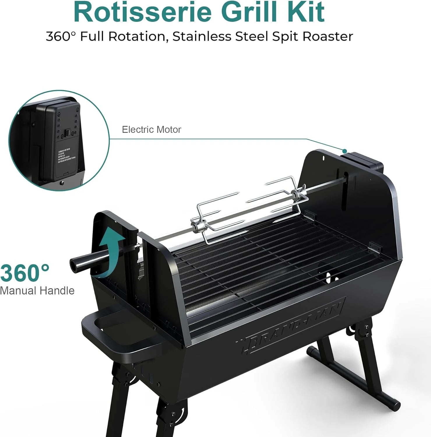 Brandman Grills Portable 2-In-1 Charcoal Rotisserie Grill with Spit Roaster & Motor, BBQ Outdoor Cooking