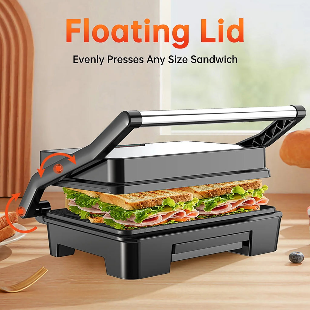 Panini Press Grill, Stainless Steel Sandwich Maker with Double Non-Stick Coated Plates & Removable Drip Tray, 10.6" W X 8.7" H X 3.5" D)