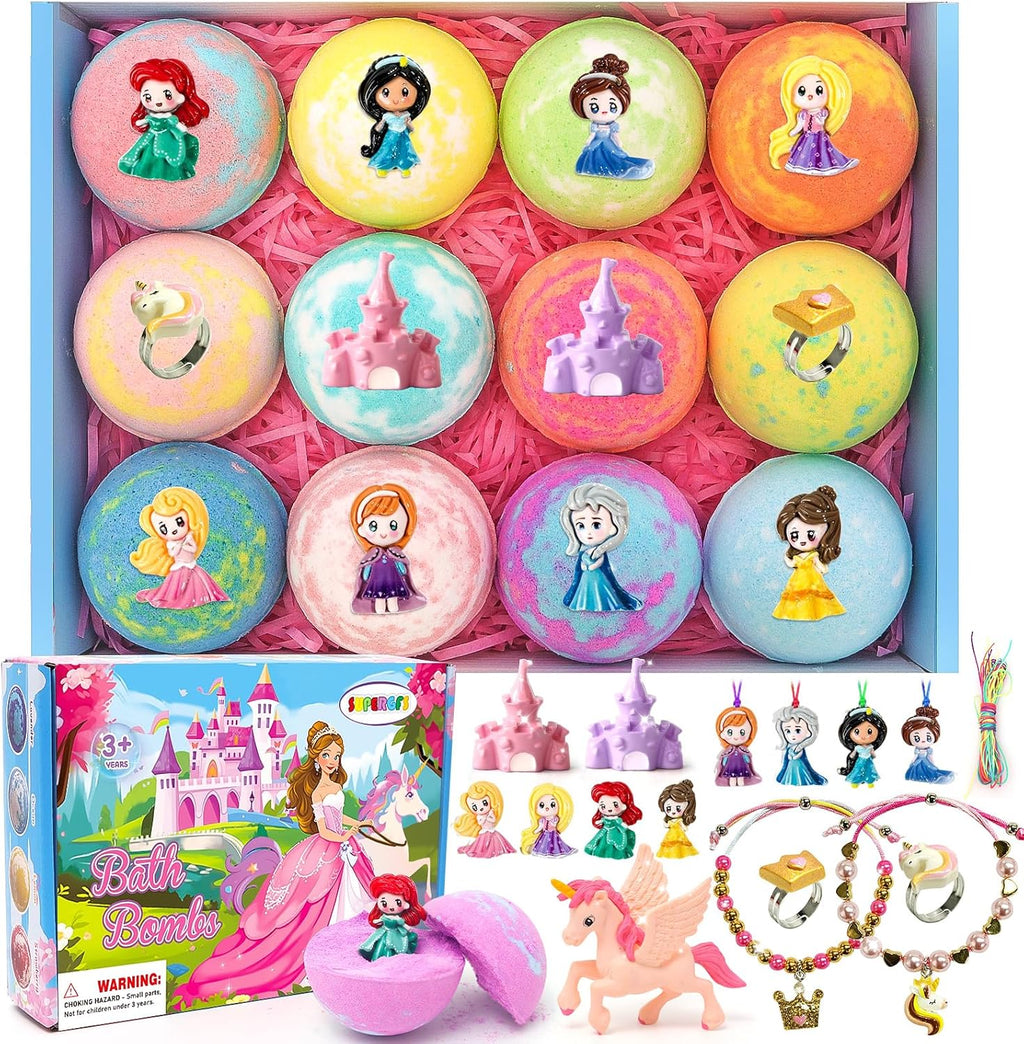 Bath Bombs for Kids with Surprise inside Princess Toys Natural Bath Bombs Handmade Spa Organic Bubble Bath Bomb Bath Fizzy with Jewelry Set Girls Birthday Christmas Gift